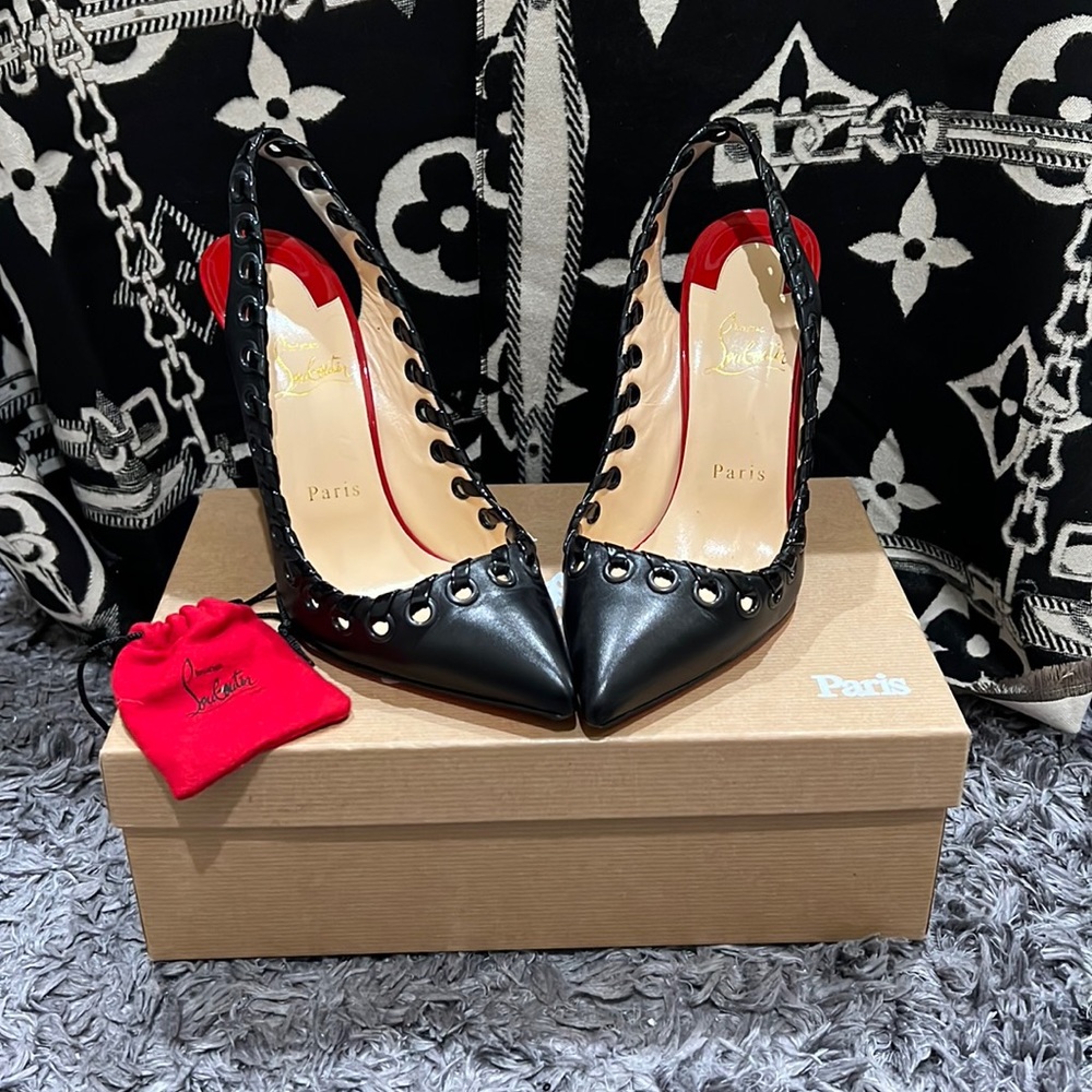 💯 Authentic Christian Louboutin EU 38.5 Ostri Sling 100 Kid/Pat Soft/Patent